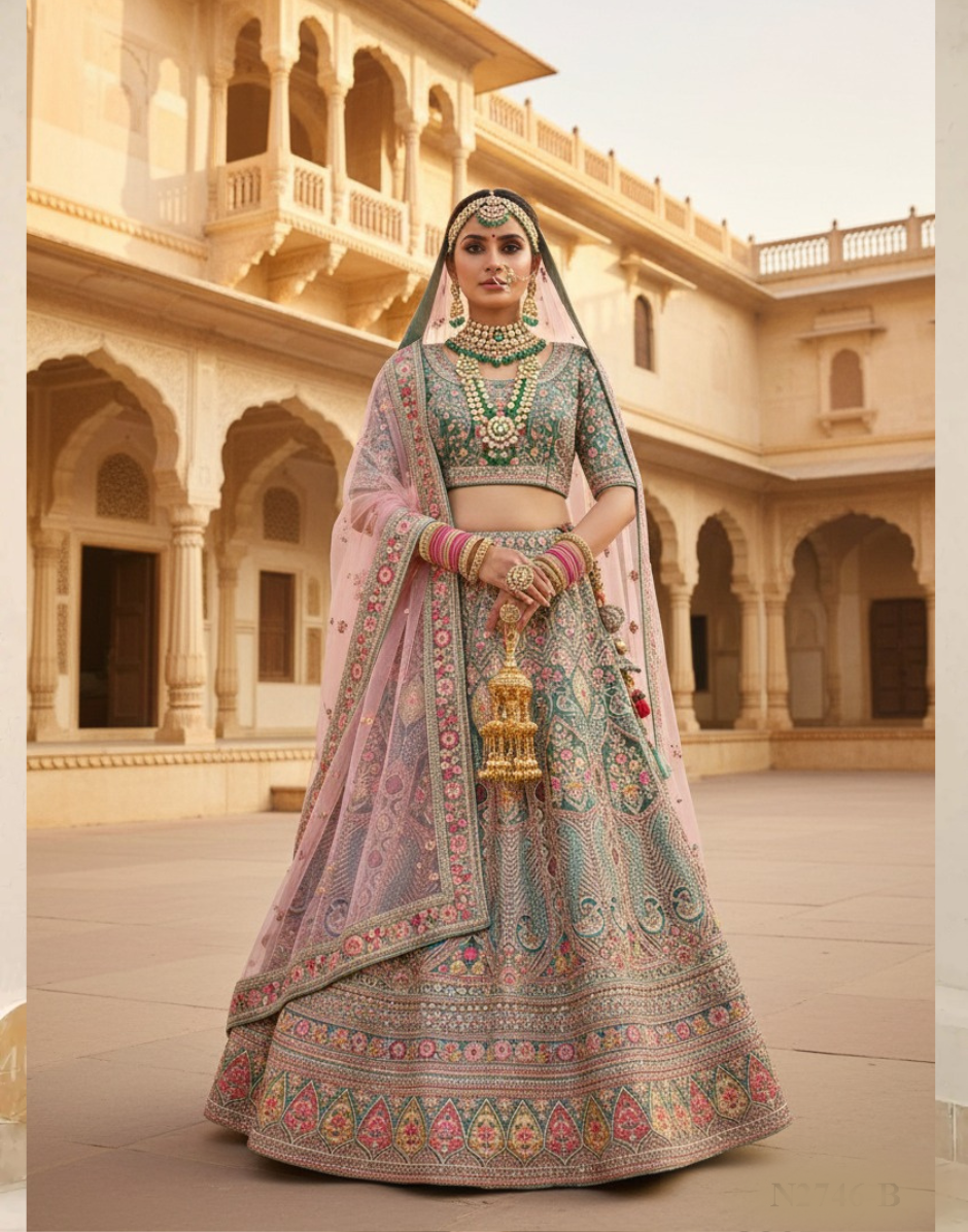 Glamorous Velvet Lehenga Choli with Beads, Stones & Embroidered Net Dupatta - Buy
