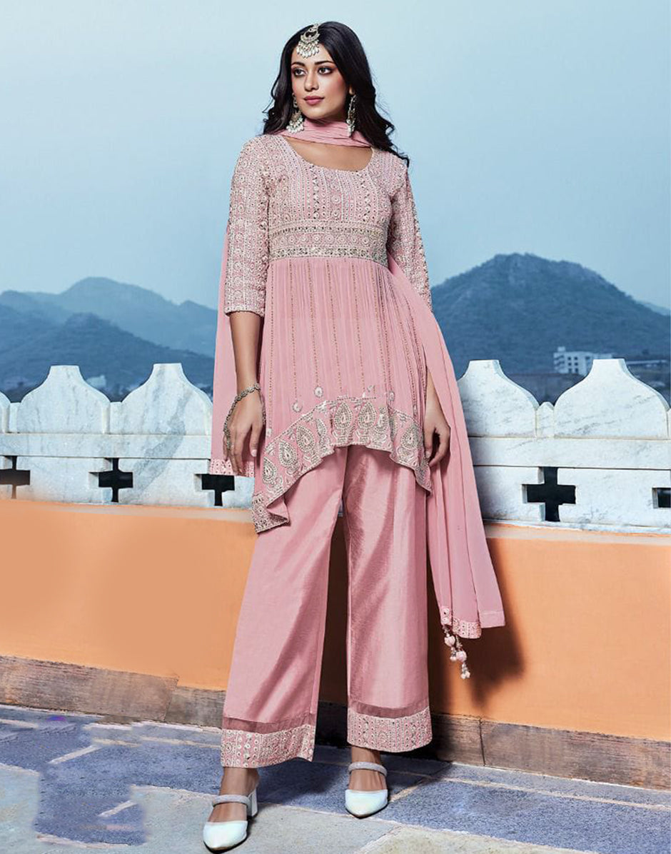 Gleaming Pink Sequins Kurta with Coordinating Bottom & Dupatta