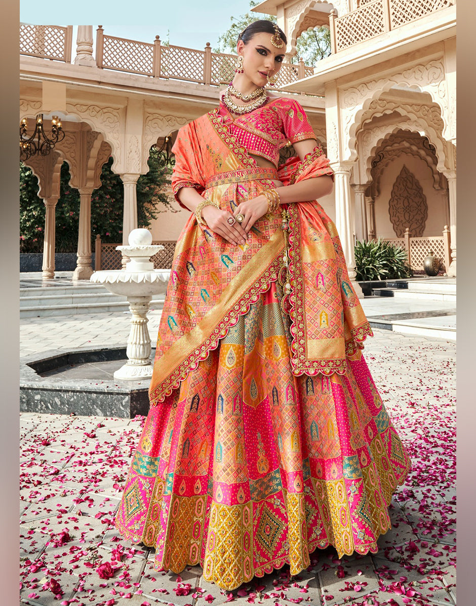 Glow in Grace Orange Banarasi Silk Lehenga Set with Embellished Details - Buy