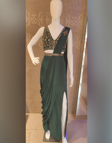 Glow in Green Mehendi Sequin Gown Style Drape Saree for the Fashion Forward