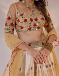 Gold Sona Silk Floral Lehenga with Embroidered Net Blouse & Dupatta Featuring Tassels_1
