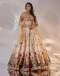 Gold Sona Silk Floral Lehenga with Embroidered Net Blouse & Dupatta Featuring Tassels_3