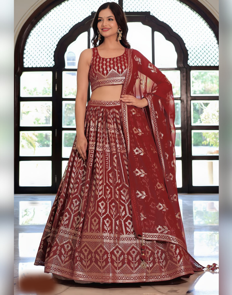Golden Bloom Deep Maroon Lehenga Set with Floral & Geometric Sequin Work - Buy