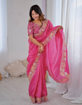 Golden Glamour Embroidered Crush Silk Saree with Blouse Piece - Buy_1