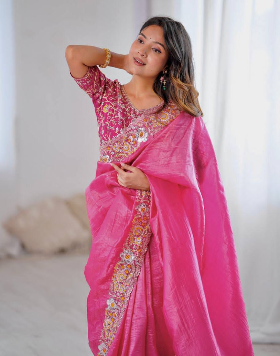 Golden Glamour Embroidered Crush Silk Saree with Blouse Piece - Buy_2