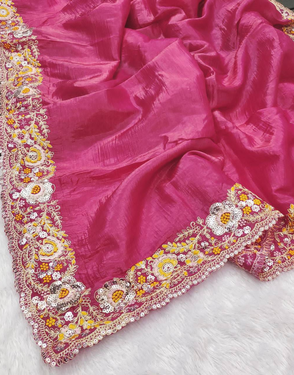 Golden Glamour Embroidered Crush Silk Saree with Blouse Piece - Buy_3