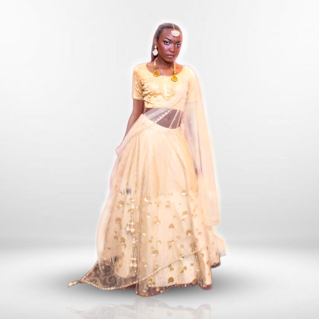 Golden Net Lehenga With Embroidery - Clearance