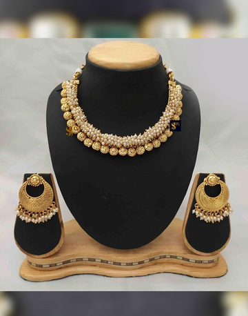 Golden Pearl Beaded Necklace & Earrings Set Classic Jewelry for Weddings & Traditional Wear