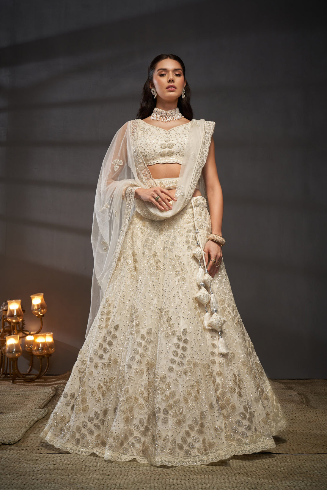 Gorgeous Cream Net Multi Sequins with heavy Zarkan Lehenga Choli & Dupatta