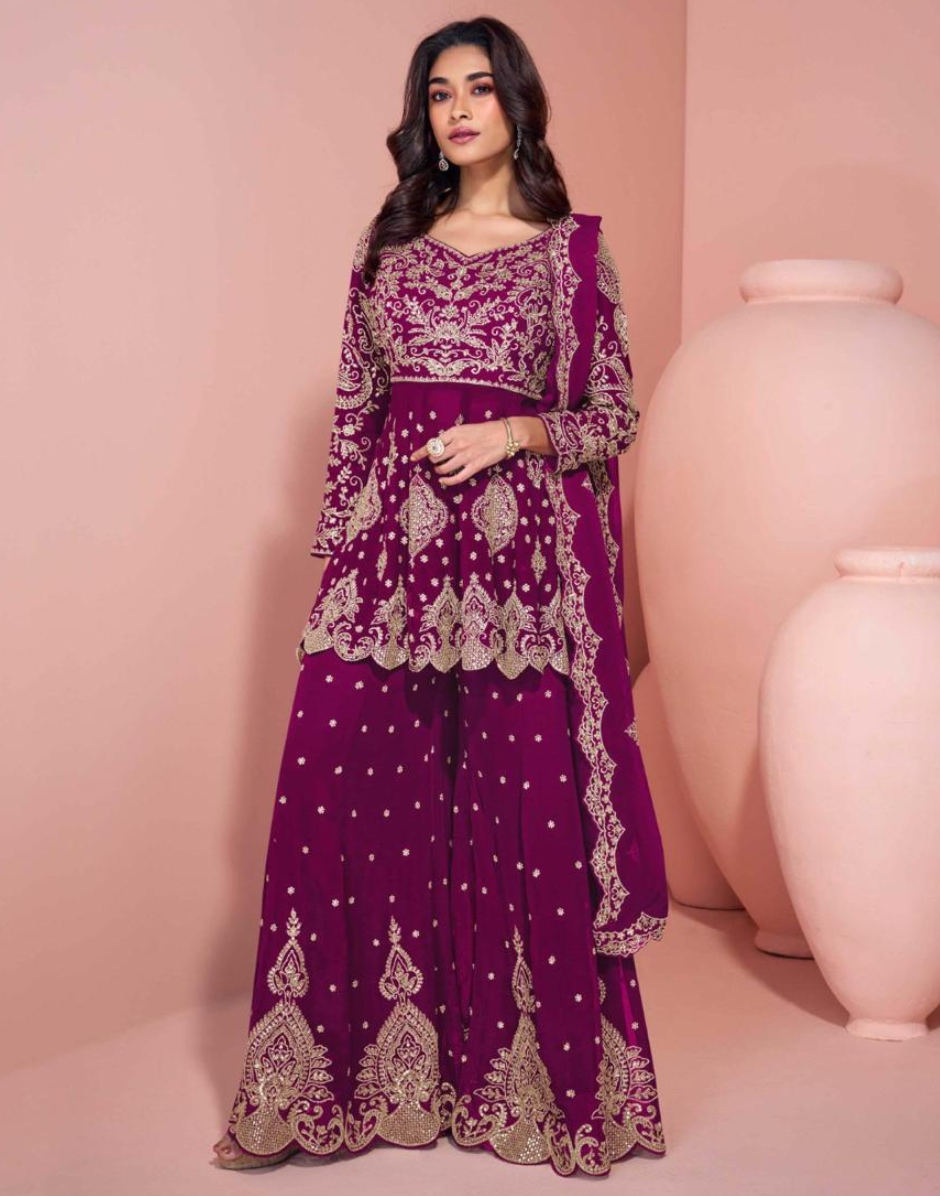 Gorgeous Georgette Heavy Embroidered Top Palazzo Dupatta Set for Elegant Look