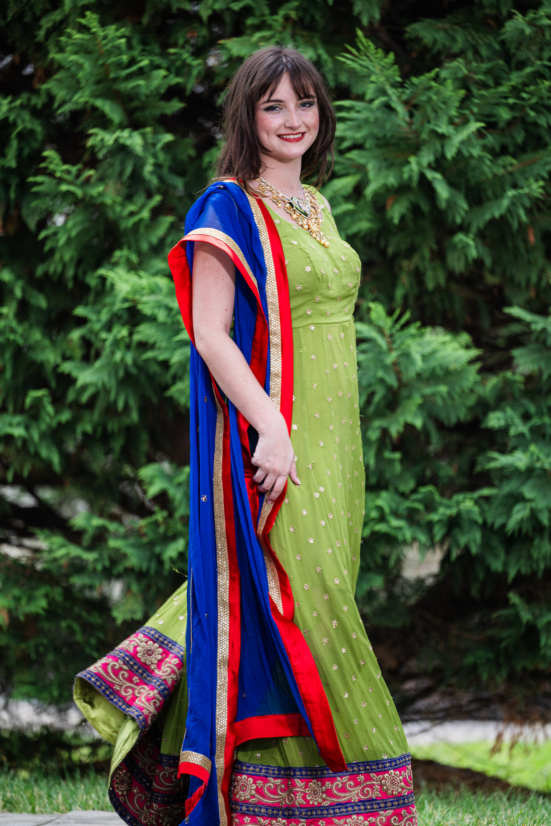 Gorgeous Green Anarkali With Royal Blue Dupatta - Rent