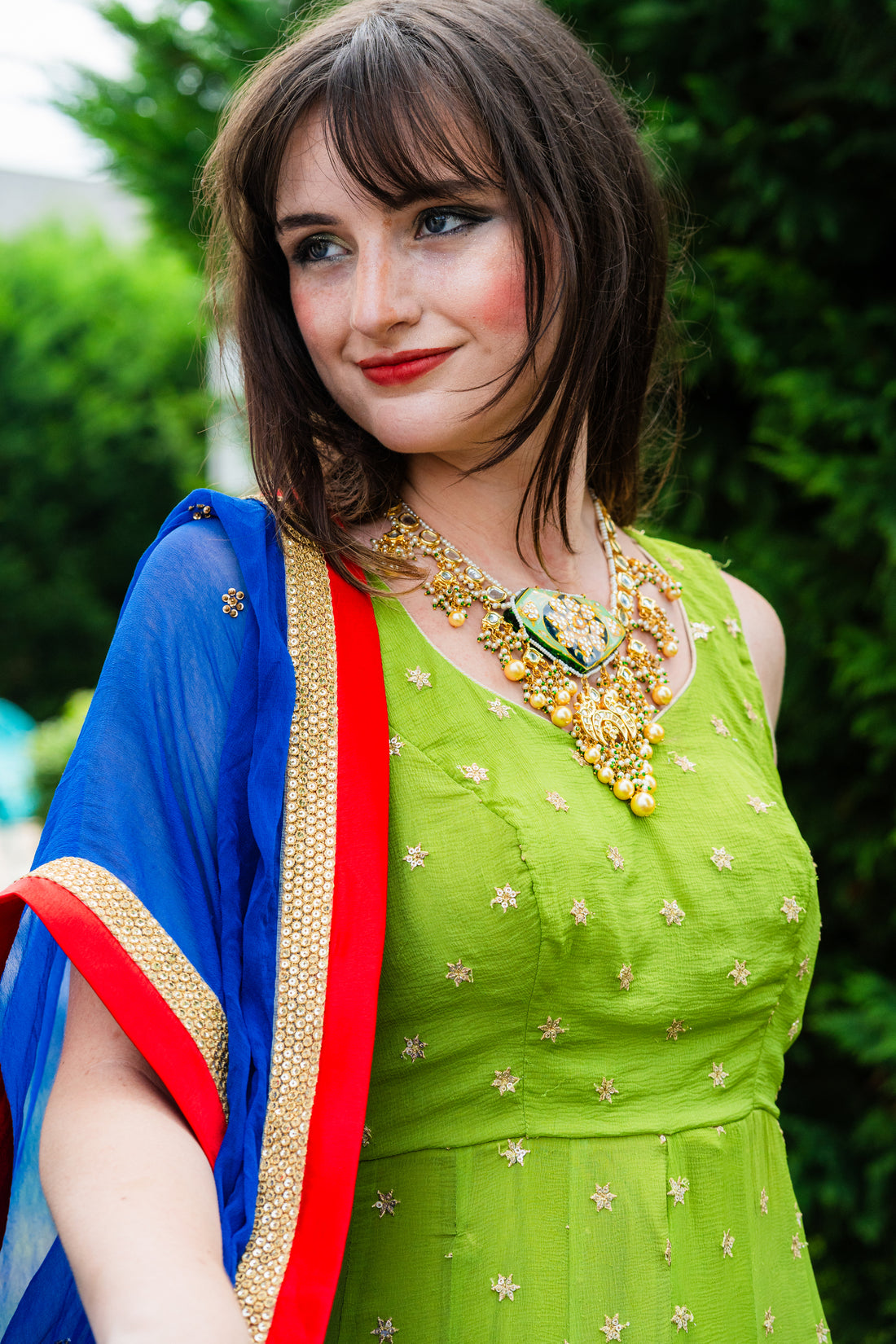 Gorgeous Green Anarkali With Royal Blue Dupatta - Rent