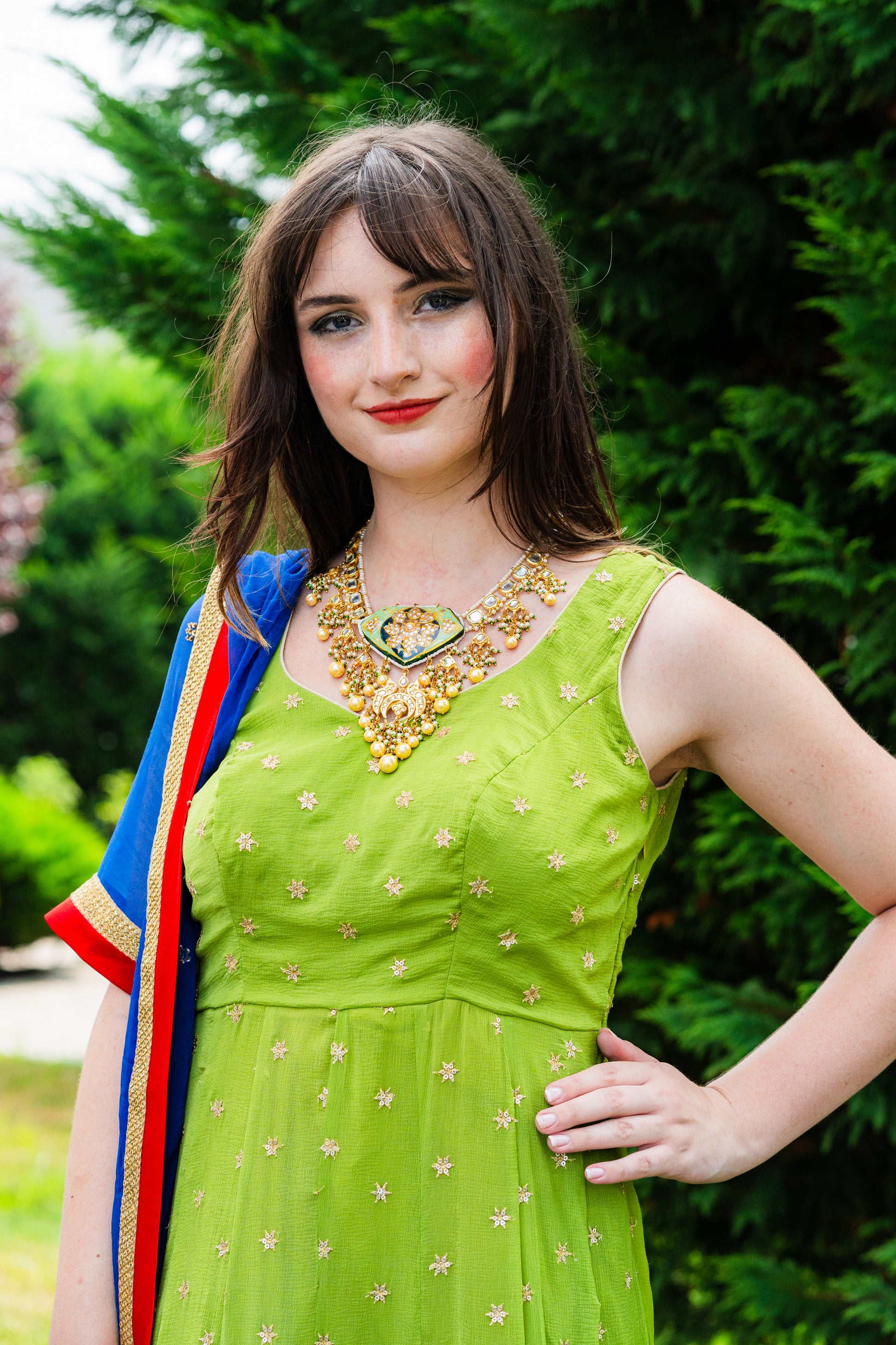 Gorgeous Green Anarkali With Royal Blue Dupatta - Rent Lime Green / M / 15 Days Gorgeous Green Anarkali With Royal Blue Dupatta - Rent Lime Green / M / 15 Days