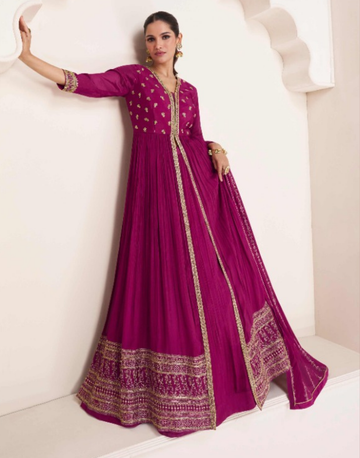 Gorgeous Rani Pink Embroidered Georgette Top with Santoon Bottom & Matching Dupatta