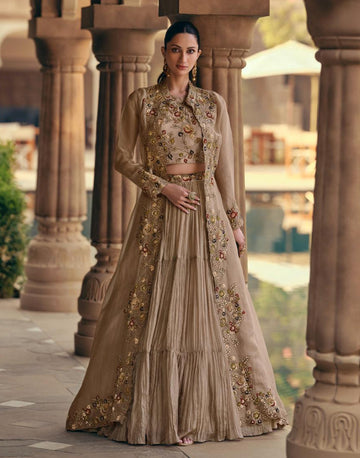 Graceful Beige Embroidered Chinon Silk Georgette Lehenga Blouse with Chic Jacket