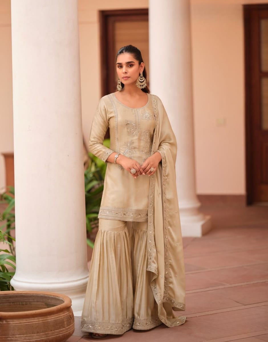 Graceful Beige Satin Sharara Set with Exquisite Embroidery & Dupatta Timeless Party Wear Look