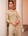 Graceful Beige Satin Sharara Set with Exquisite Embroidery & Dupatta Timeless Party Wear Look_1