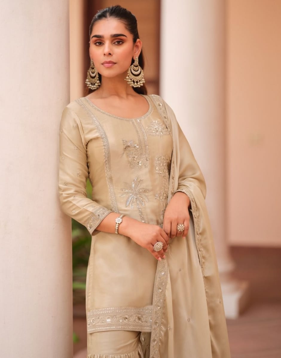 Graceful Beige Satin Sharara Set with Exquisite Embroidery & Dupatta Timeless Party Wear Look_1