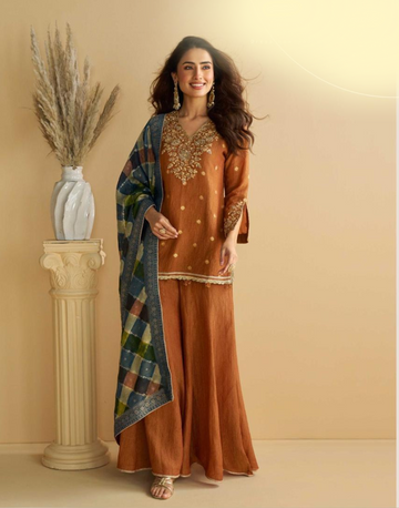 Graceful Brown Chinon Silk Suit Set Embroidery Detail with Palazzo & Dupatta - Buy