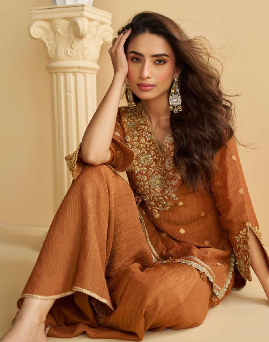 Graceful Brown Chinon Silk Suit Set Embroidery Detail with Palazzo & Dupatta - Buy