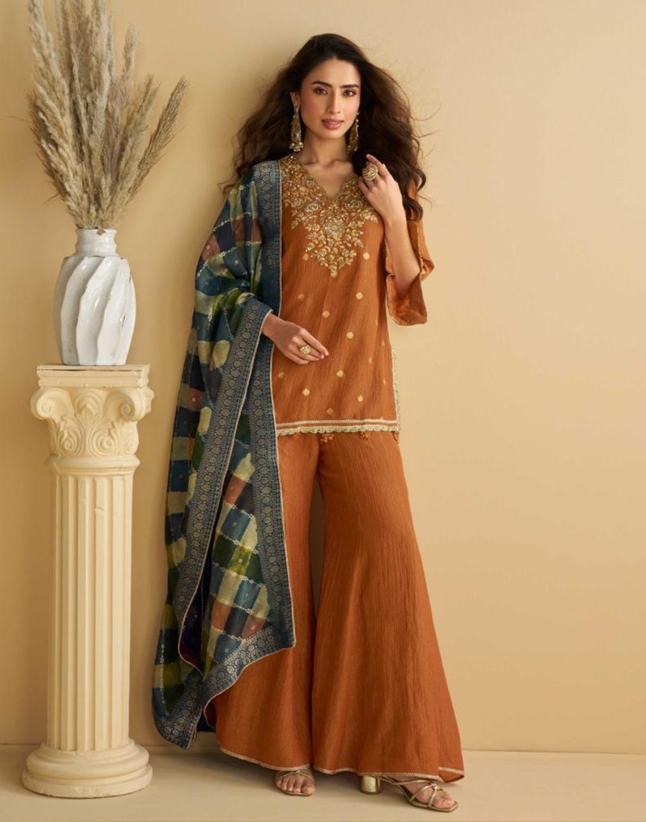 Graceful Brown Chinon Silk Suit Set Embroidery Detail with Palazzo & Dupatta - Buy_2