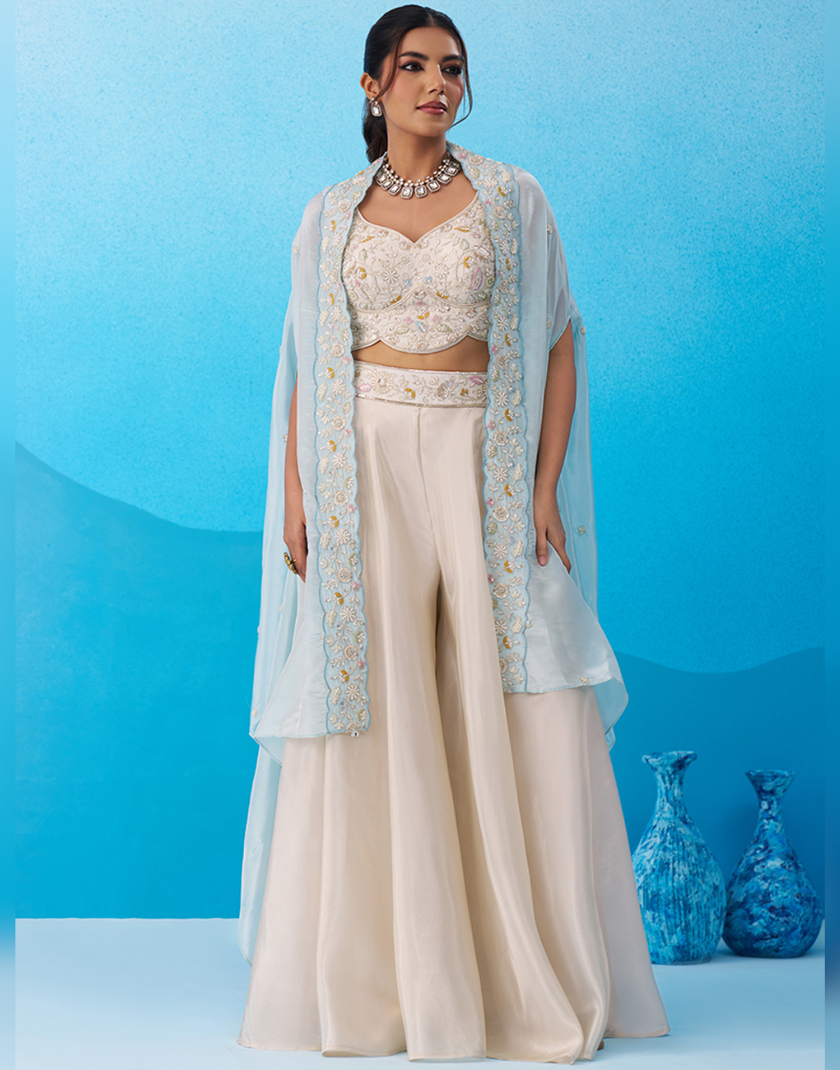 Graceful Cream Beaded Crop Top with Statement Flared Cape & Palazzo Pants Set