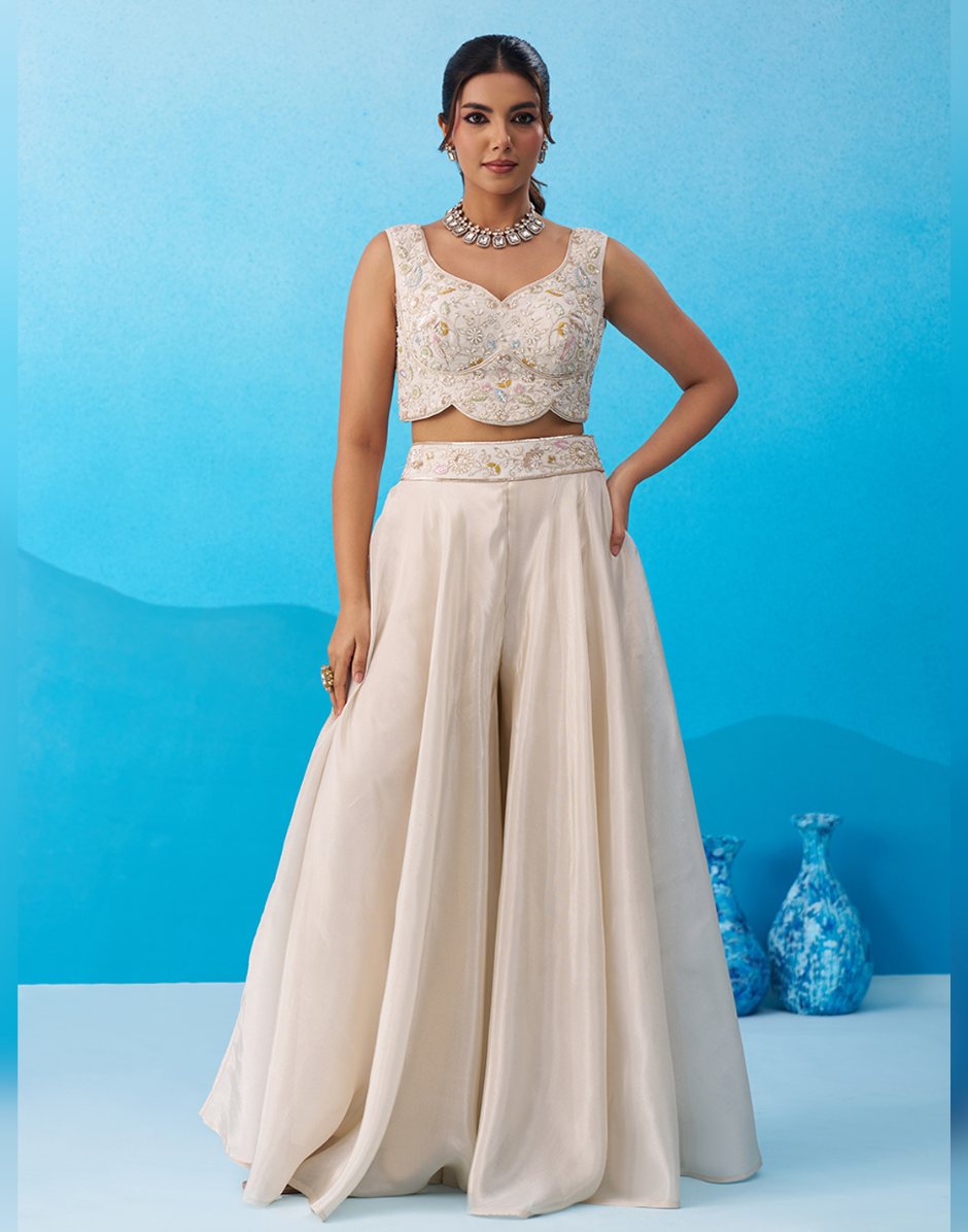 Graceful Cream Beaded Crop Top with Statement Flared Cape & Palazzo Pants Set
