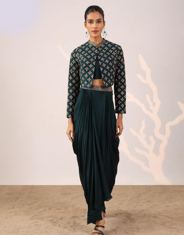 Graceful Dark Green Embroidered Jacket Drape Saree Set Perfect for Celebrations