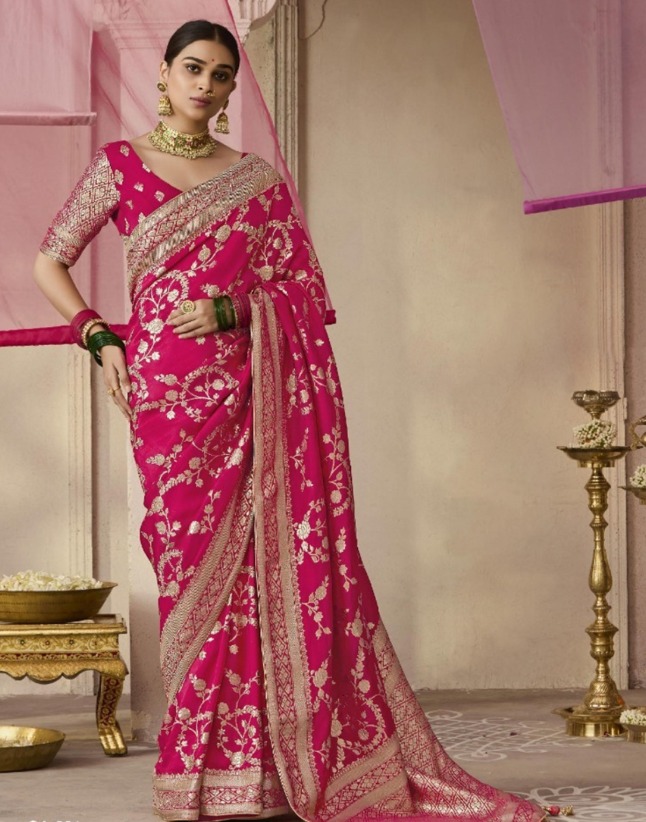 Graceful Dark Pink Silk Saree Dola Viscose with Detailed Flower Patterns