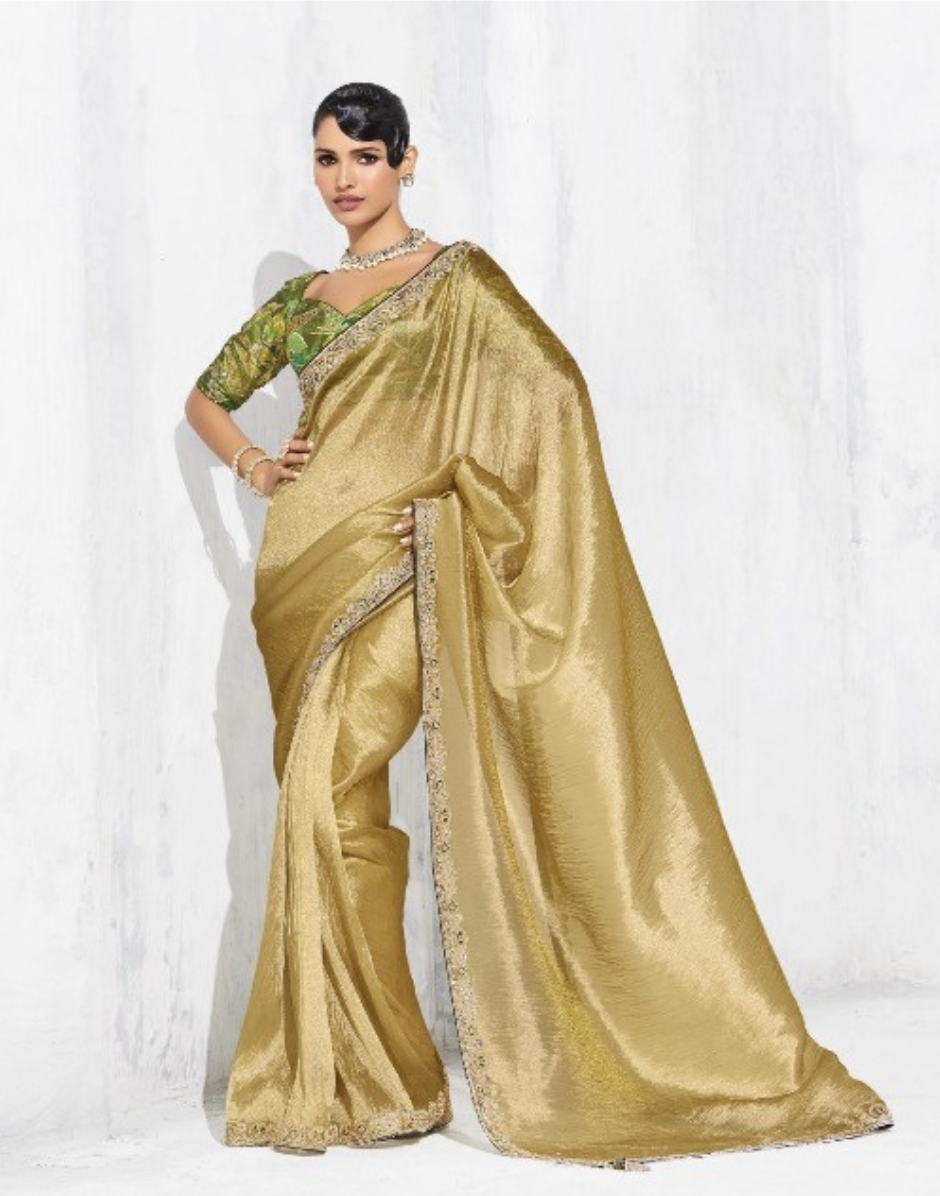 Graceful Golden Embroidered Saree Set Paired with Contrast Printed Blouse - Buy
