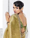 Graceful Golden Embroidered Saree Set Paired with Contrast Printed Blouse - Buy_1