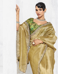 Graceful Golden Embroidered Saree Set Paired with Contrast Printed Blouse - Buy_2