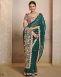 Graceful Green Organza Silk Saree with Multi-Stone Thread Embroidery & Handwork Satin Blouse - Buy
