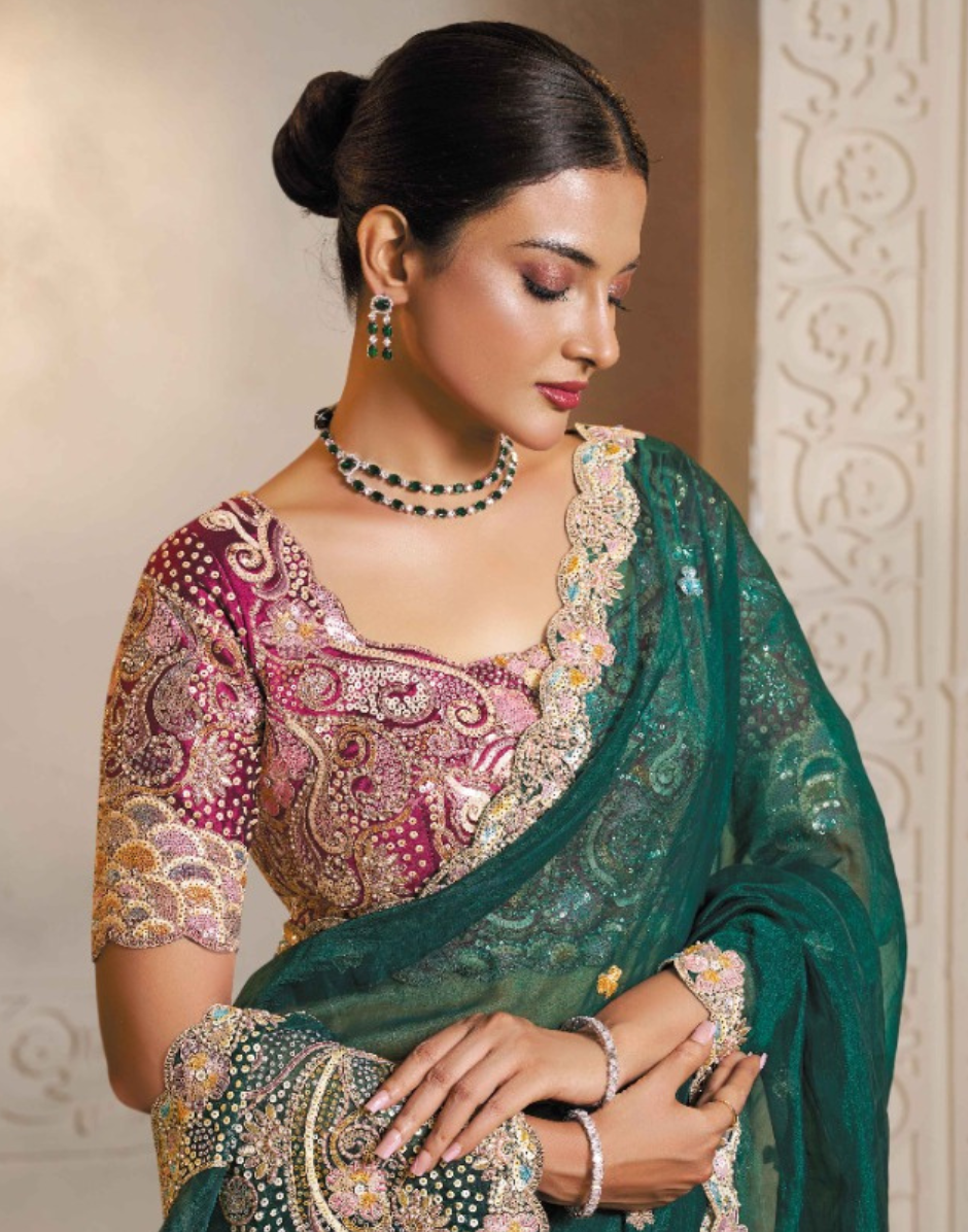 Graceful Green Organza Silk Saree with Multi-Stone Thread Embroidery & Handwork Satin Blouse - Buy