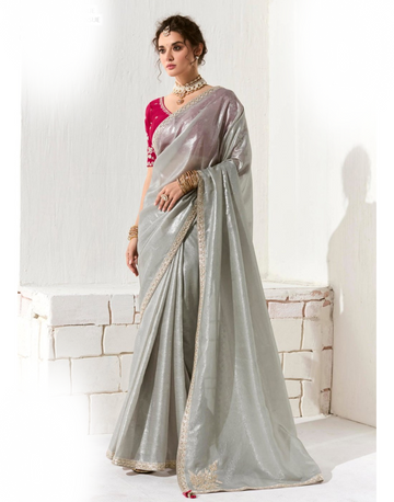 Graceful Grey Organza Tissue Saree with Embroidered Motifs and Sequin Accents