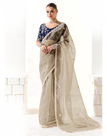 Graceful Grey Organza Tissue Saree with Sequin Work & Fine Embroidered Detailing Subtle Glam for Evening Elegance