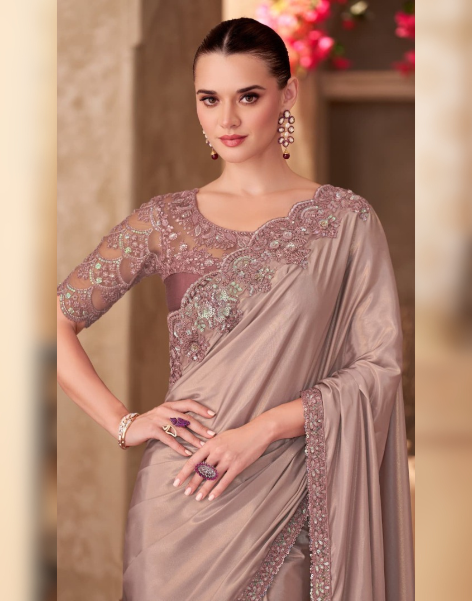 Graceful Mauve Shimmer Saree in Silk Crepe with Detailed Satin Chiffon Blouse - Buy
