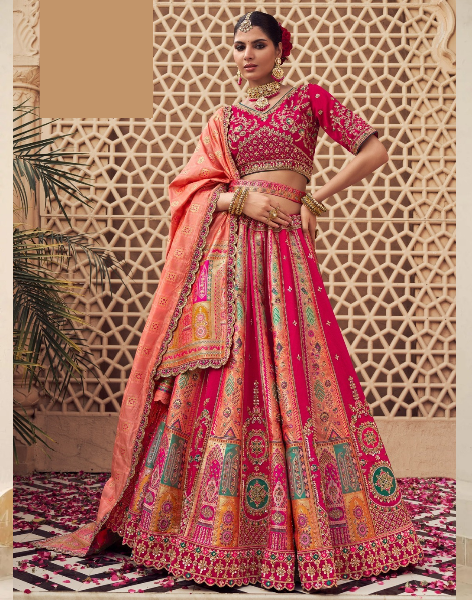 Graceful Pink Banarasi Silk Embroidered Lehenga Set with Dupatta Festive & Bridal Wear - Buy
