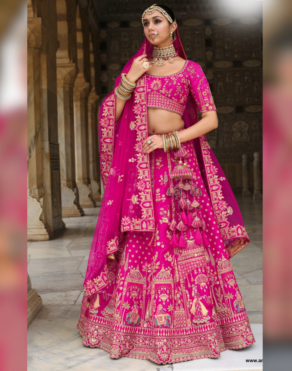Graceful Pink Bridal Silk Lehenga Featuring Heavy Khatli Embroidery & Work - Buy