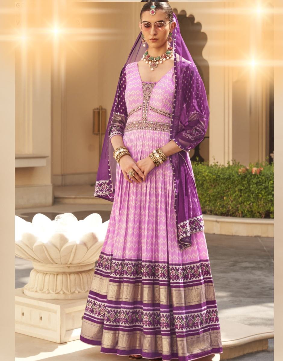 Graceful Pink Printed Art Silk Gown with Net Dupatta Traditional Indian Festive Wear