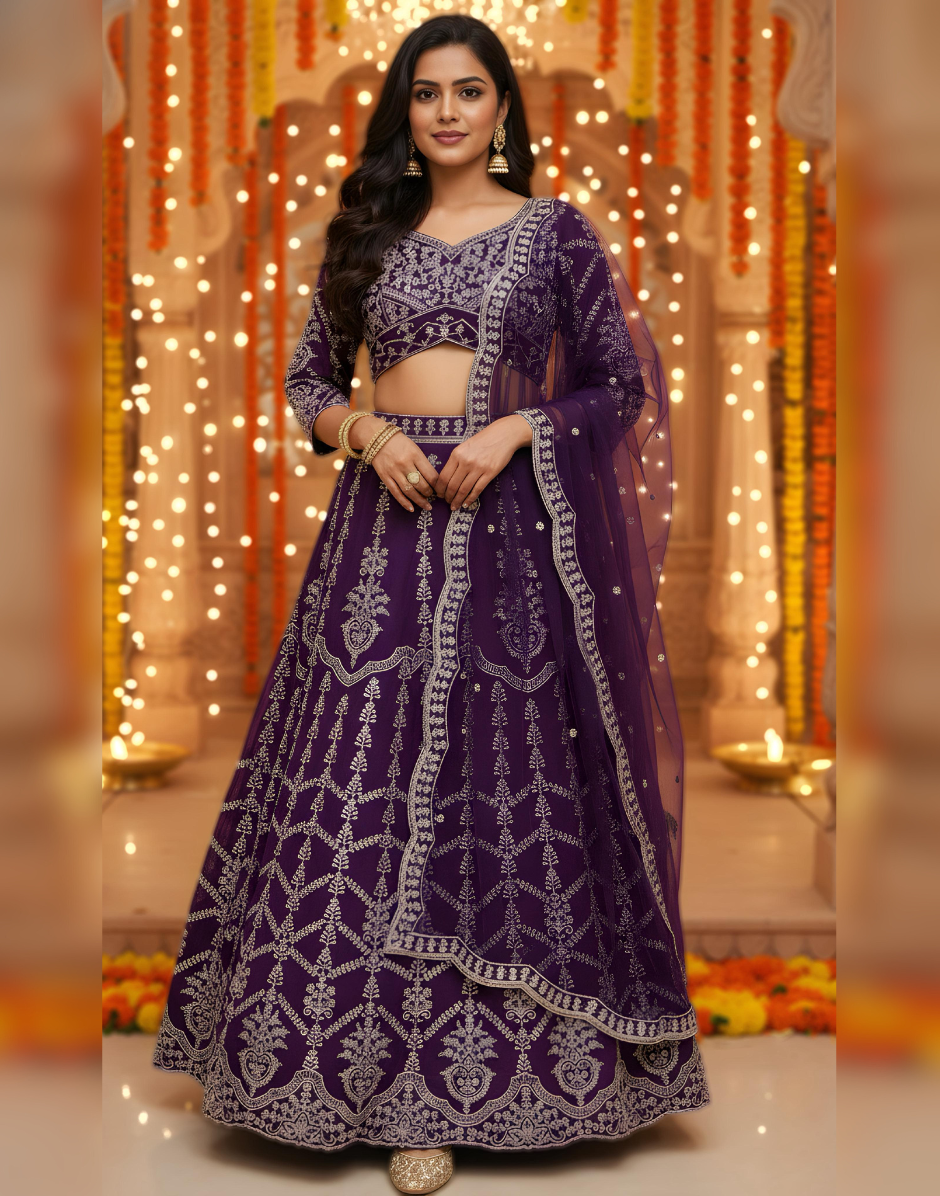 Graceful Purple Georgette Lehenga Choli with Hand Embroidery and Sequins Work Party Wear - Buy