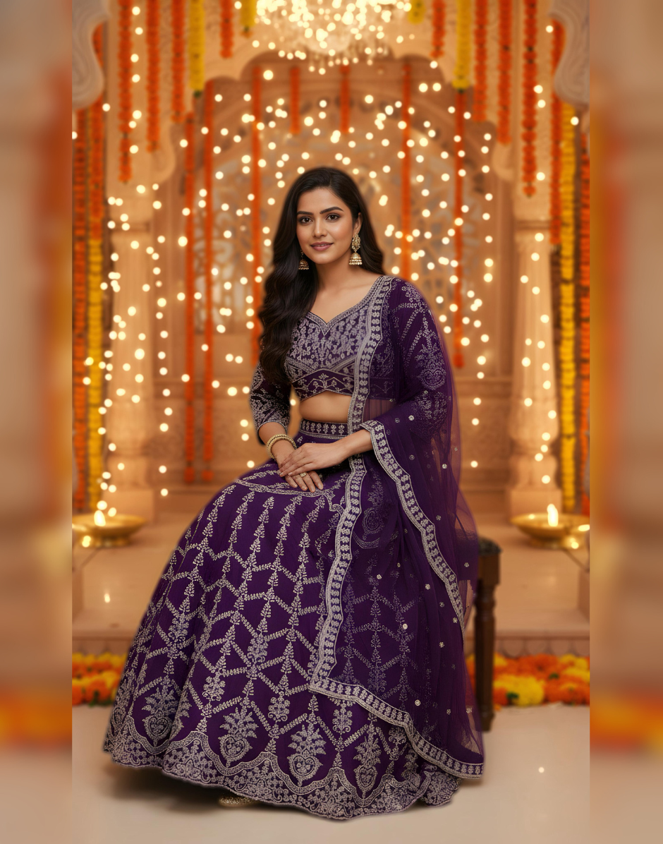 Graceful Purple Georgette Lehenga Choli with Hand Embroidery and Sequins Work Party Wear - Buy