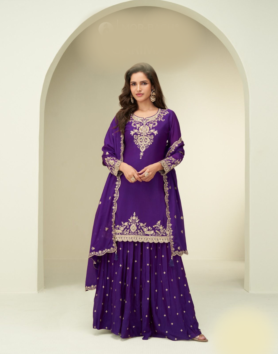 Graceful Purple Gota Patti Sharara Suit Embroidered Chinon Silk for Special Occasions