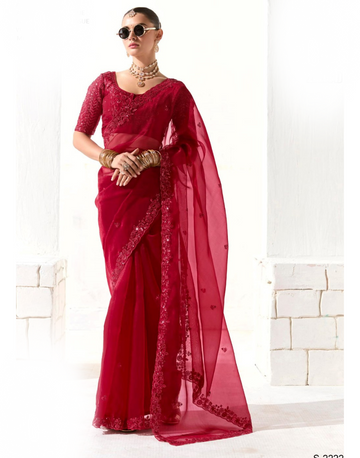 Graceful Red Organza Saree with Sequin Accents and Delicate Thread Work