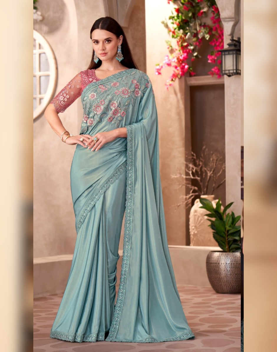 Graceful Sky Blue Shimmer Saree in Silk Crepe with Linen Work Blouse Combo - Buy