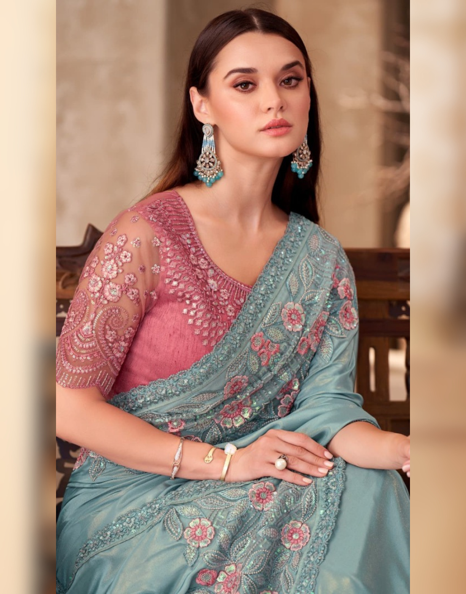 Graceful Sky Blue Shimmer Saree in Silk Crepe with Linen Work Blouse Combo - Buy