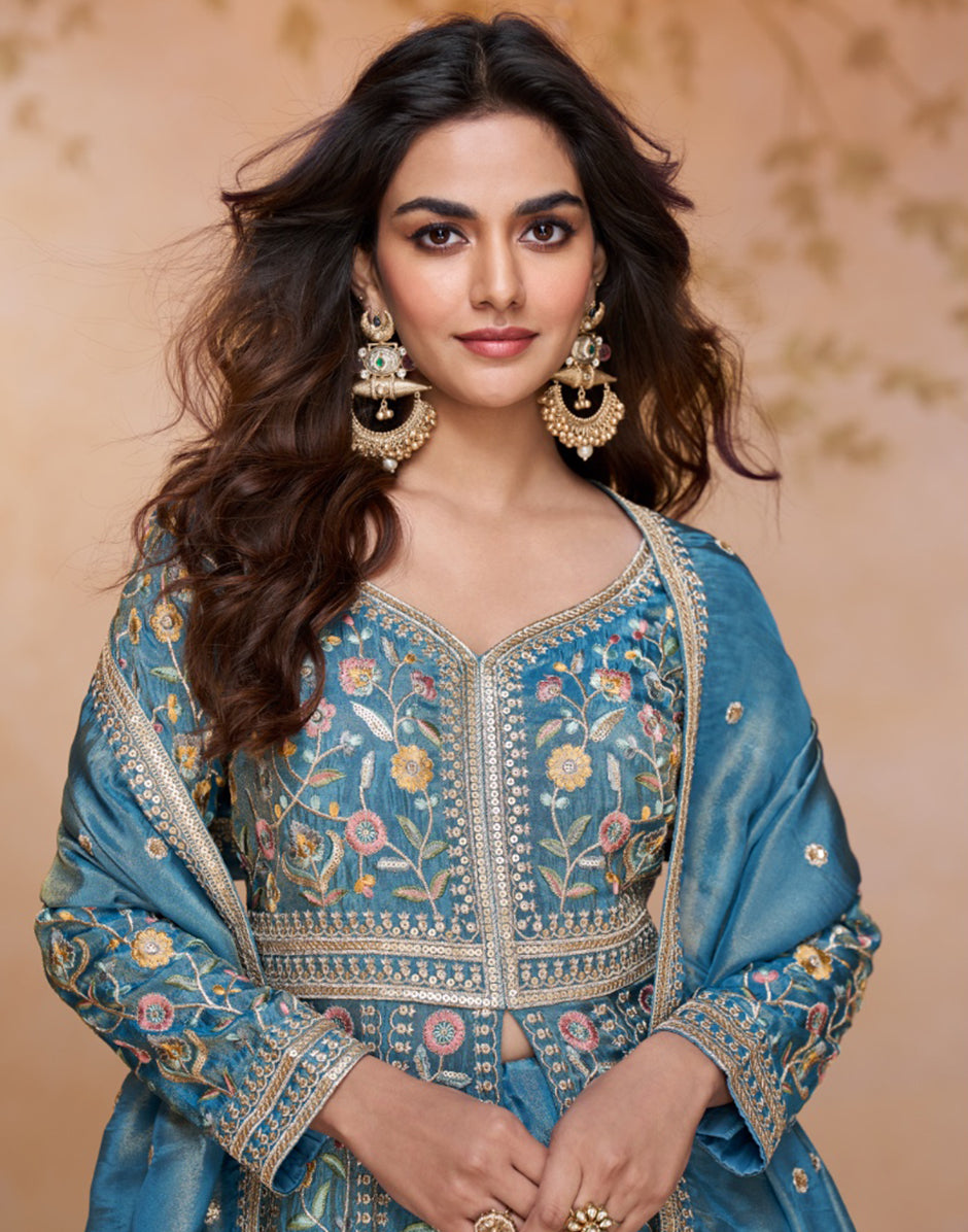 Graceful Sky Blue Silk Embroidered Suit Set with Dupatta Traditional Women's Wear_1