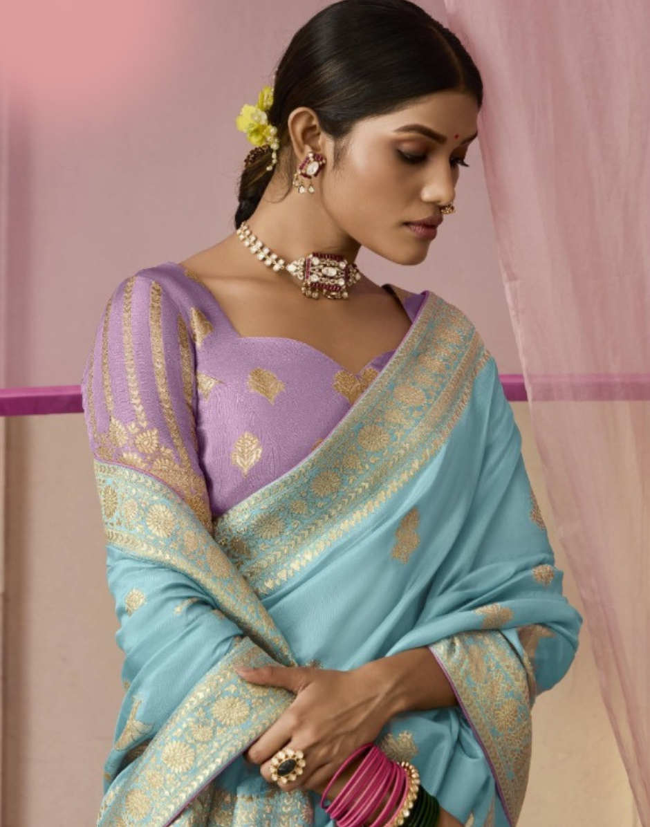 Graceful Sky Blue Silk Saree All Over Floral Weaving in Premium Dola Viscose Fabric