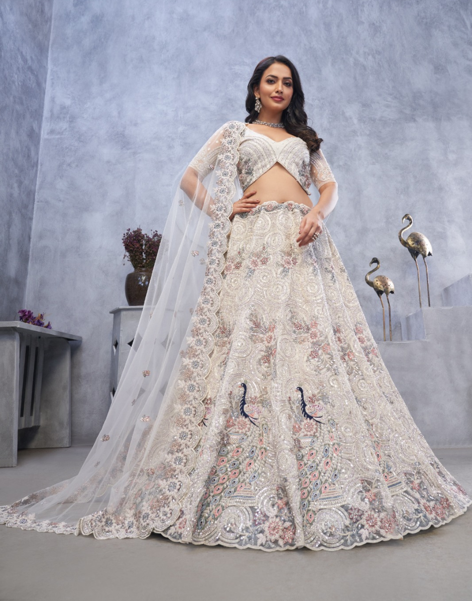 Graceful White Net Lehenga with Intricate Bel Butti Work Blouse & Dupatta Set - Buy