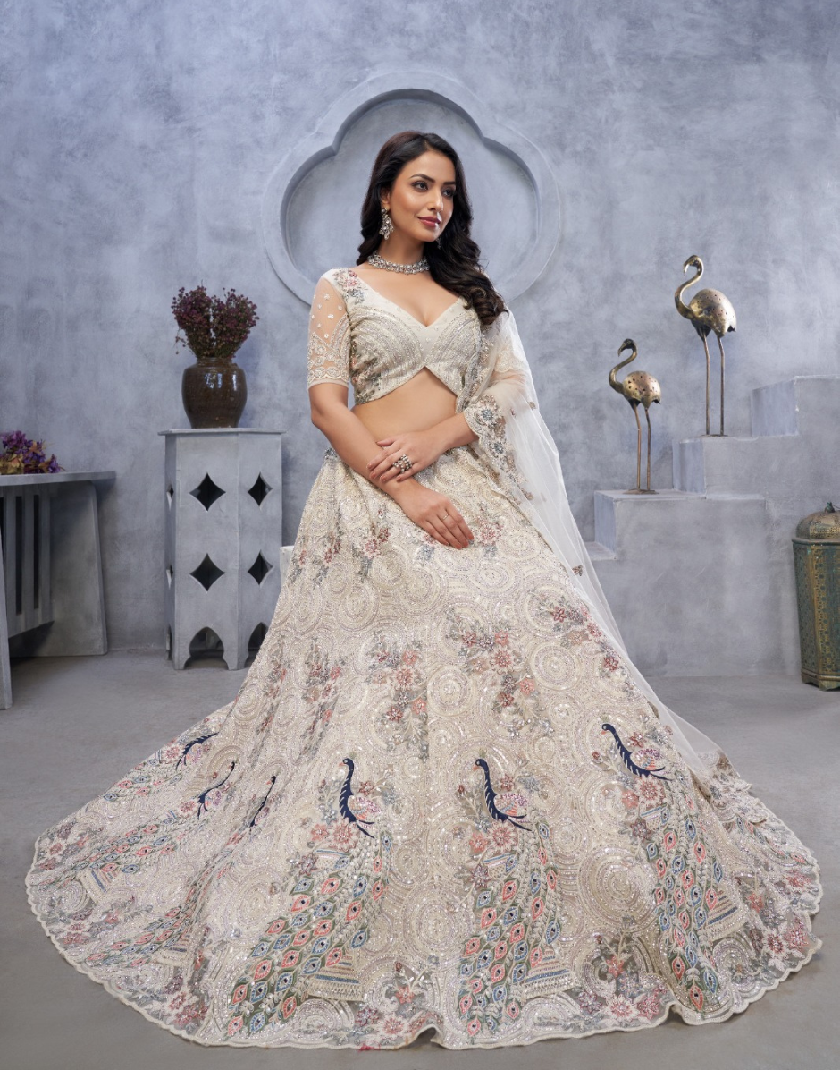 Graceful White Net Lehenga with Intricate Bel Butti Work Blouse & Dupatta Set - Buy